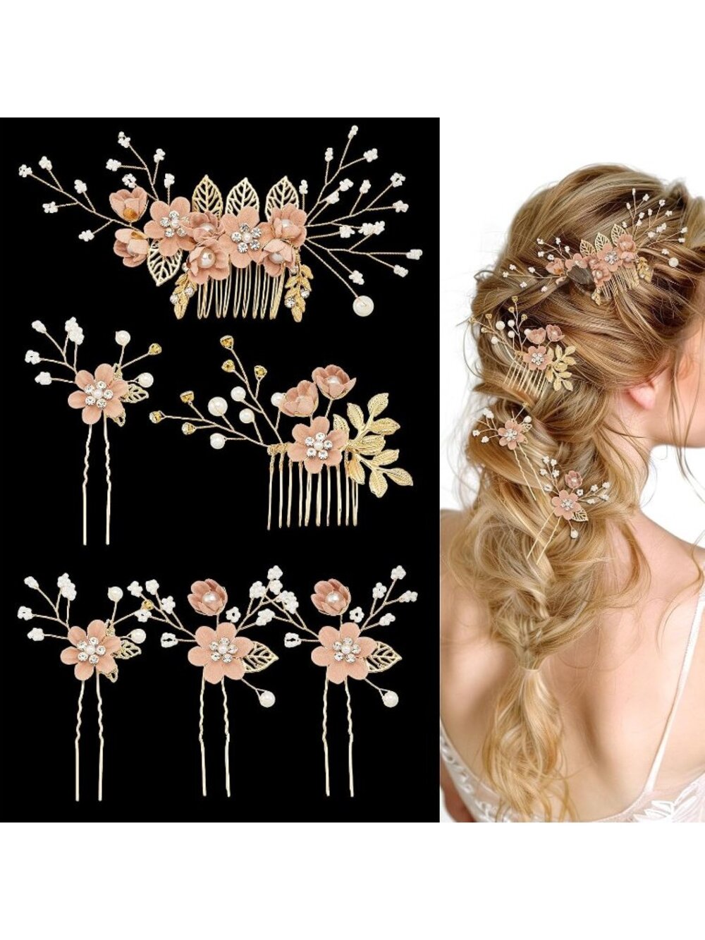 Women's Pink 6 Pcs French Rhinestone Bridesmaids Floral Bridal Hair Clips